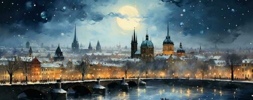 un' capriccioso inverno scena cattura il incantevole skyline di europeo città nel un' sbalorditivo acquerello pittura foto