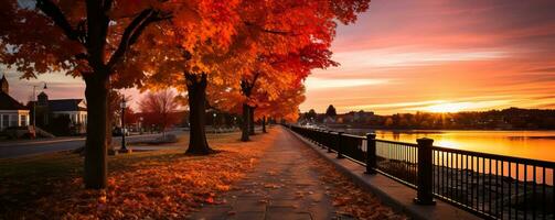 cattura il capriccioso fascino di autunno Questo foto vetrine un' pittoresco piccolo cittadina ornato nel vivace acquerello tonalità