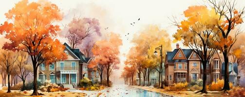 un' affascinante acquerello pittura di un' accogliente piccolo cittadina strada con colorato edifici e caduta autunno le foglie sfondo con vuoto spazio per testo foto