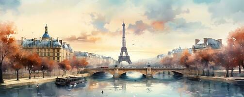 un' pittoresco inverno acquerello orizzonte di Parigi con il eiffel Torre e Senna fiume contro un' morbido pendenza fondale foto