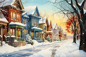 capriccioso nevoso paesaggi di canadese città catturato nel vivace acquerelli in mostra il unico fascino di invernale scene foto