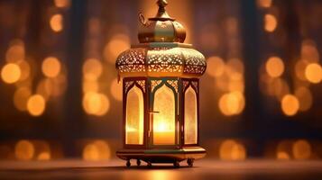 ornamentale Arabo lanterna con ardente candela raggiante a notte. festivo saluto carta, invito per musulmano santo mese Ramadan kareem. generativo ai foto