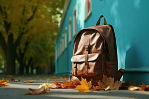 indietro per scuola scena con un' prominente scuola Borsa caratteristica ai generato foto