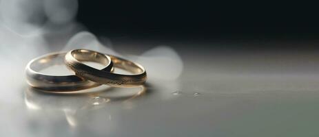 Due Fidanzamento nozze cerimoniale gemma anelli, nuvoloso bianca fumoso sfondo. ai generato. foto