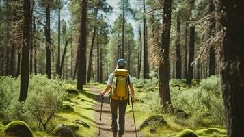 anonimo escursionista con zaino e il trekking poli a piedi su un' sentiero nel il foresta con alto alberi durante un' escursionismo. generativo ai foto