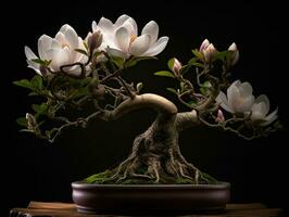 un squisito Bonsai magnolia albero, estremamente dettagliato Perfetto fiori con felpa cereo petali, generativo ai foto