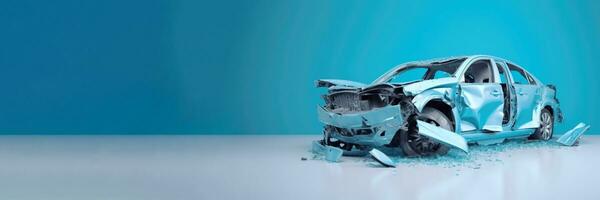 auto incidente, rotto danneggiato corpo metallo. vita assicurazione, tecnologia. blu auto sfondo. ai generato. foto