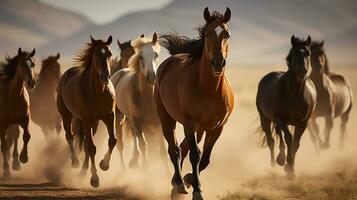gruppo di cavalli in esecuzione attraverso pianura, generativo ai foto