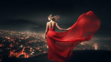 moda donna nel rosso svolazzanti vestito indietro lato posteriore Visualizza. fascino modello danza con lungo seta tessuto volante su vento al di sopra di notte cielo città leggero paesaggio, generativo ai foto