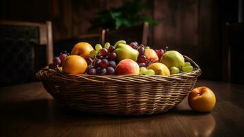 cestino e fresco frutta su di legno tavolo, ai generativo foto