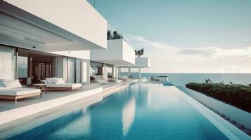 mare Visualizza. lusso moderno bianca spiaggia Hotel con nuoto piscina. lettino su prendisole per vacanza casa o Hotel. generativo ai foto
