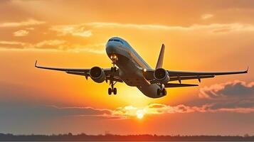 passeggeri aereo volare giù al di sopra di decollare a tramonto, generativo ai foto