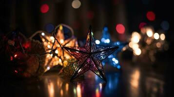 Natale stelle luci con astratto sfocato elementi, generativo ai foto