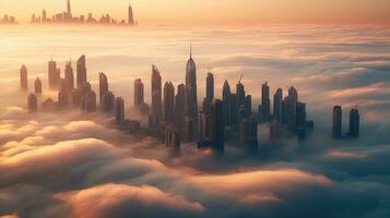 aereo Visualizza di dubai, unito arabo Emirates nebbioso mattina Alba. generativo ai foto