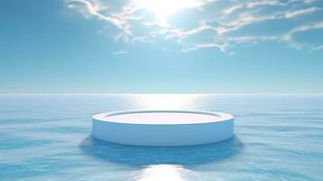 pubblicità, vuoto bianca cerchio podio su trasparente chiaro calma blu acqua struttura con spruzzi e onde nel luce del sole. generativo ai foto