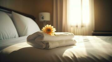 Hotel camera con appena fatto letto, perfettamente pulito e stirato fogli, pila di nuovo piegato asciugamani e singolo fiore come decorazione nel naturale sole luce. generativo ai foto