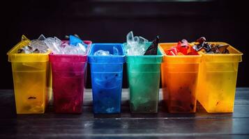 raccolta differenziata bidone pieno di plastica sciupare, separato rifiuto collezione concetto, generativo ai foto