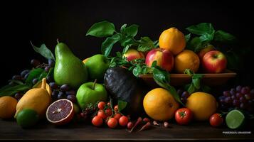 fresco la verdura, frutta e semi su nero tavolo, piatto posizione, generativo ai foto