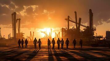 squadra di olio lavoratori a piedi su di olio impianto su deserto silhouette a tramonto, energia industria macchine per producendo petrolio gas. generativo ai foto