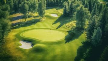 aereo Visualizza di golf corso con mettendo verde. golf corso con un' ricco verde torba bellissimo scenario. golf campo. generativo ai foto
