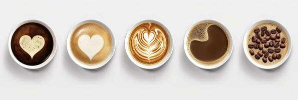 superiore Visualizza, caffè tazza assortimento con cuore cartello superiore Visualizza collezione isolato isolato su bianca sfondo. generativo ai foto