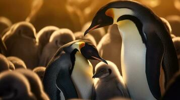 pinguini e loro bambino, pinguino famiglia nel il antartico isolato re pinguino, pinguini abbracciare loro bambino. generativo ai foto