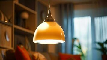 moderno sospeso lampada nel vivente camera. idea per interno design. generativo ai foto