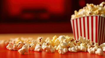 Popcorn, rovesciato Popcorn su rosso sfondo, cinema, film e divertimento concetto. generativo ai foto