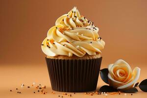 cuore ornato giallo crema cupcake, Perfetto per san valentino giorno espressioni ai generato foto