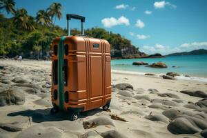 un' viaggio valigia posizionato su un' sabbioso spiaggia ai generato foto