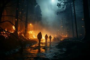 selvaggio foresta fiammata, notte spostare, valoroso i vigili del fuoco a opera ai generato foto