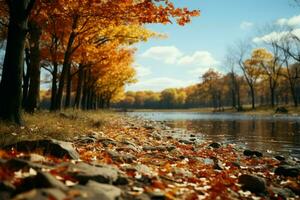 nature capolavoro autunno alberi e foglie, impostato contro il cielo, creare un' panoramico Visualizza ai generato foto