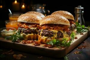 rustico fascino Manzo hamburger, formaggio, e salsa su un' di legno piatto ai generato foto