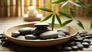 bellezza terme, bambù e pietre nel un' benessere spa. bellezza trattamento di spa. generativo ai foto