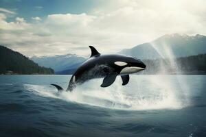 un' uccisore balena salto su blu acqua. uccisore balena nel Pacifico mare. generativo ai foto
