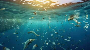 un' lotto di vecchio plastica e plastica borse nel oceano. ambientale protezione concetto. generetivo ai foto