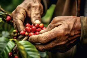 agricoltura raccolta caffè frutti di bosco, agricoltori mano raccolta arabica caffè frutti di bosco o robusta frutti di bosco di il mani. Vietnam. generativo ai foto