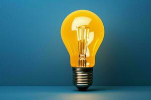 luminosa idea, lampadina e matita simboleggiare attività commerciale creatività su giallo ai generato foto