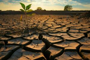 in mezzo siccità, un' tenace albero trova vita su Cracked terra ai generato foto