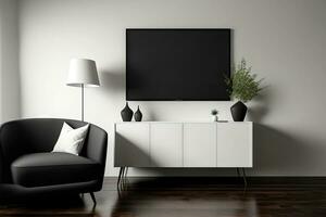 bianca vivente camera con un' finto su tv schermo su un' nero e di legno mobiletto, lungo con un' buio di legno pavimento. vicino su un' modello foto