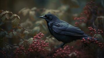 il bellissimo nero corvo sat arroccato su un' albero ramo, suo acuto occhi lettura il terra sotto nel ricerca di cibo, generativo ai foto