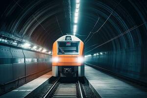 moderno elettrico treno nel metropolitana tunnel. treno tecnologiae mezzi di trasporto concetto. generativo ai foto