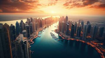 aereo Visualizza di dubai, unito arabo Emirates nel vicino tramonto. generativo ai foto