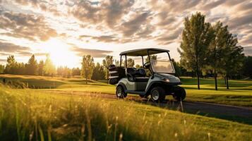 un' golf macchina, golf carrello auto nel fairway di golf corso con fresco verde erba campo e nube cielo e albero a tramonto. generativo ai foto