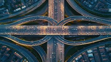 aereo Visualizza di auto traffico su Multi corsia autostrade o superstrade, traffico nel rotonde è parte di ogni giorno vita. generativo ai foto