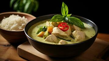 tailandese cibo, verde curry pollo con Noce di cocco curry su il di legno pavimento sfondo. generativo ai foto