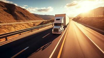 un' bianca camion guida su il autostrada. generativo ai foto