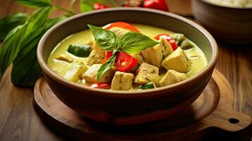 tailandese cibo, verde curry pollo con Noce di cocco curry su il di legno pavimento sfondo. generativo ai foto