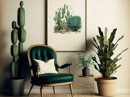 retrò interno design di vivente camera con elegante Vintage ▾ sedia e tavolo, impianti, cactus, personale Accessori e oro finto su manifesto telaio su il beige parete. elegante casa arredamento. modello foto