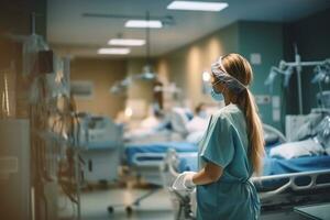 infermiera donna e medico donna in piedi nel ospedale camera generativo ai foto